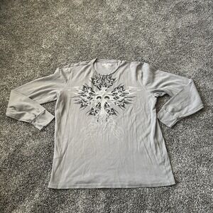 Y2K Affliction Style Thermal Shirt Mens XXL Gray Long Sleeve Waffle Knit Flame G